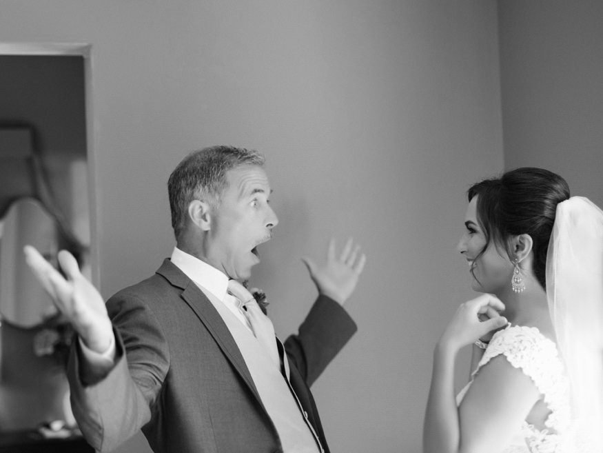 Father seeing daughter for the first time at her Knowlton Mansion wedding.